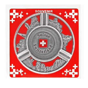 Пепельница металлическая круглая с рельефными видами и гербом Швейцарии