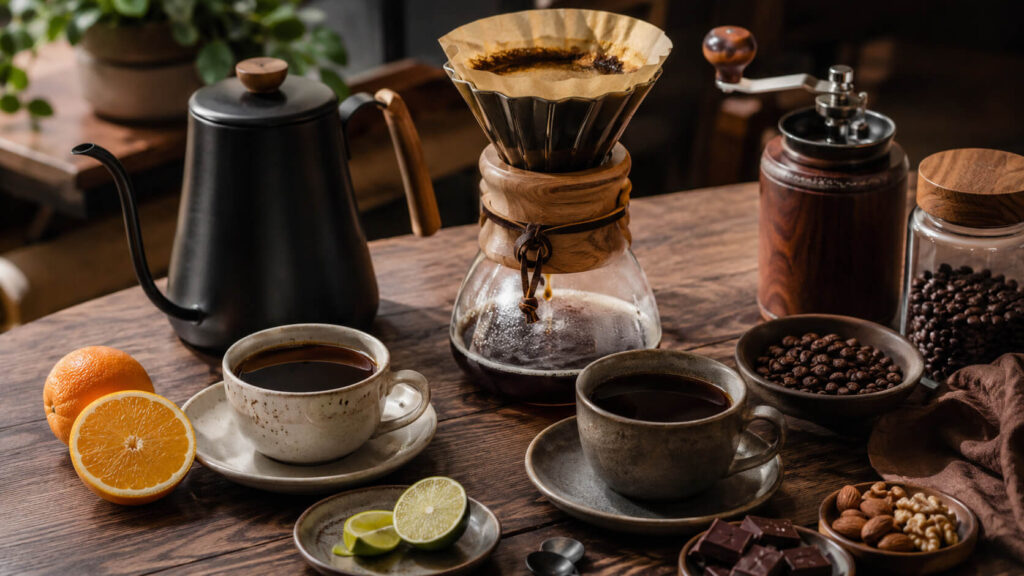 Specialty coffee с разными вкусовыми акцентами: цитрусами, шоколадом, орехами, кофейными зернами и чашками готового кофе рядом с pour-over завариванием.