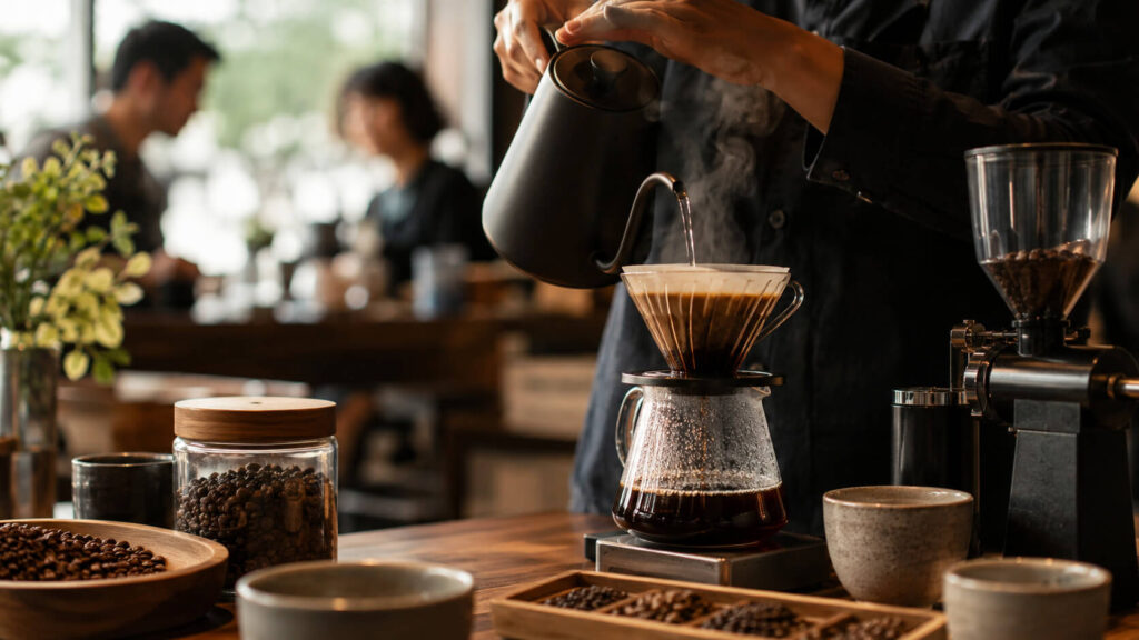 Бариста готовит specialty coffee методом pour-over в уютной кофейне с кофейными зернами, кофемолкой и гостями на фоне.