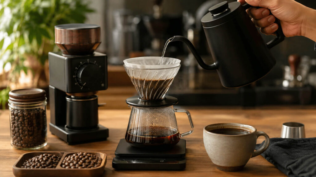 Приготовление specialty coffee методом pour-over с точным наливанием воды, кофемолкой, весами, отборными зернами и чашкой кофе рядом.