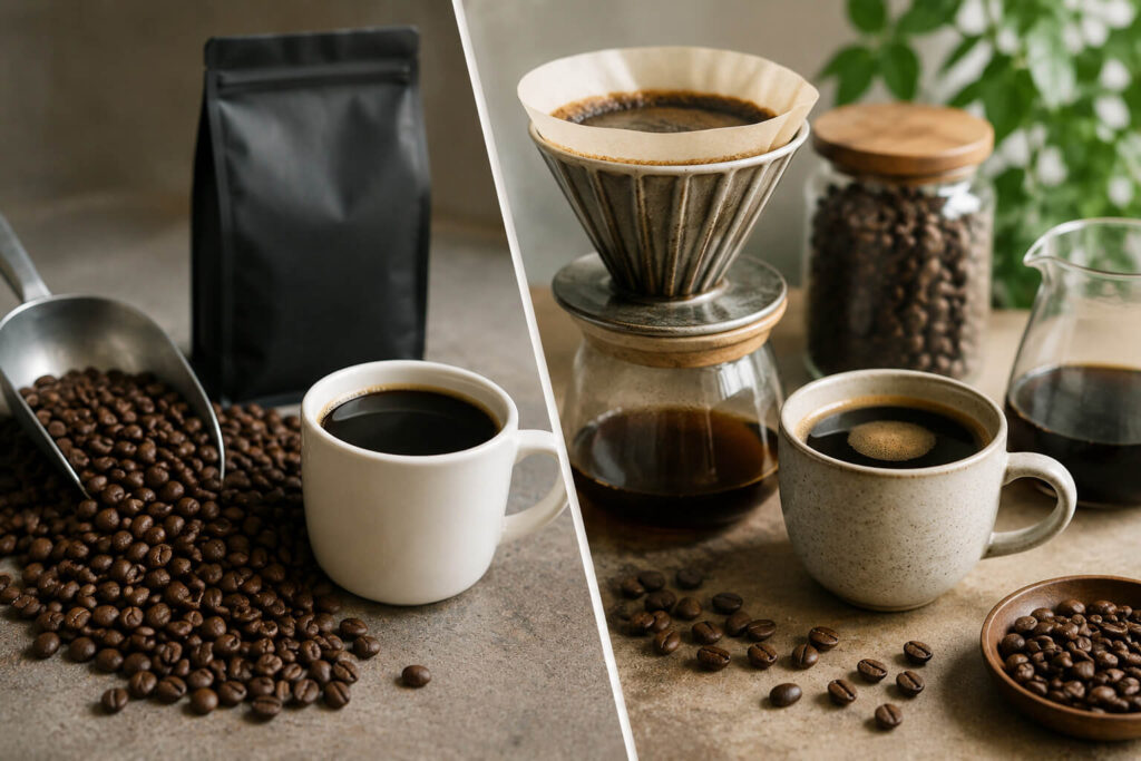 Порівняння звичайної кави та specialty coffee: просте горнятко з кавовими зернами поруч із pour-over заварюванням, добірними зернами та керамічним посудом.