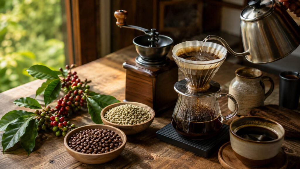 Pour-over заваривание specialty coffee с кофейными ягодами, зелёными и обжаренными зёрнами, ручной кофемолкой и чашкой готового кофе, показывающее, как формируется вкус напитка.