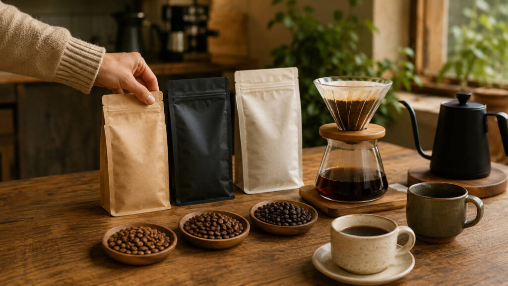 Вибір specialty coffee для першого знайомства: кілька паковань кави, різні зерна, чашки та pour-over заварювання на дерев’яному столі.