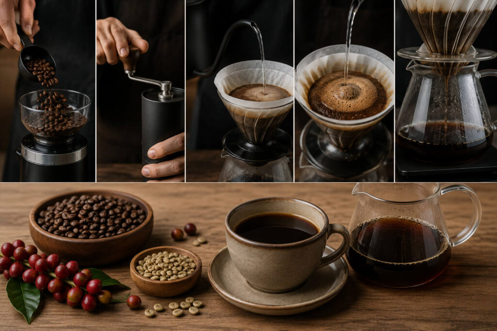 Пошаговое заваривание specialty coffee методом pour-over: засыпание зерен, помол, наливание воды, экстракция и готовая чашка кофе.