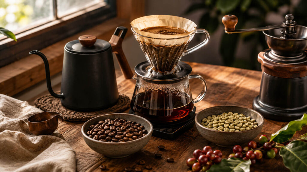 Specialty coffee в зернах с кофейными ягодами, зелёными зёрнами, ручной кофемолкой и pour-over завариванием на деревянном столе.