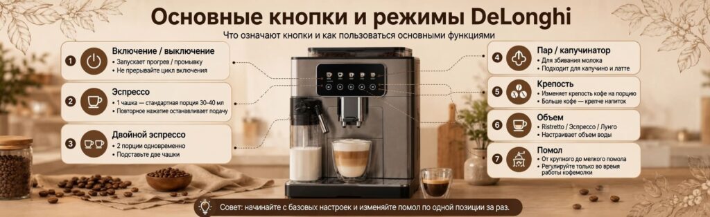 Инструкция по эксплуатации кофемашины DeLonghi - что означают кнопки