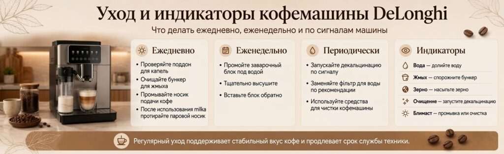 Уход и индикаторы кофемашины DeLonghi