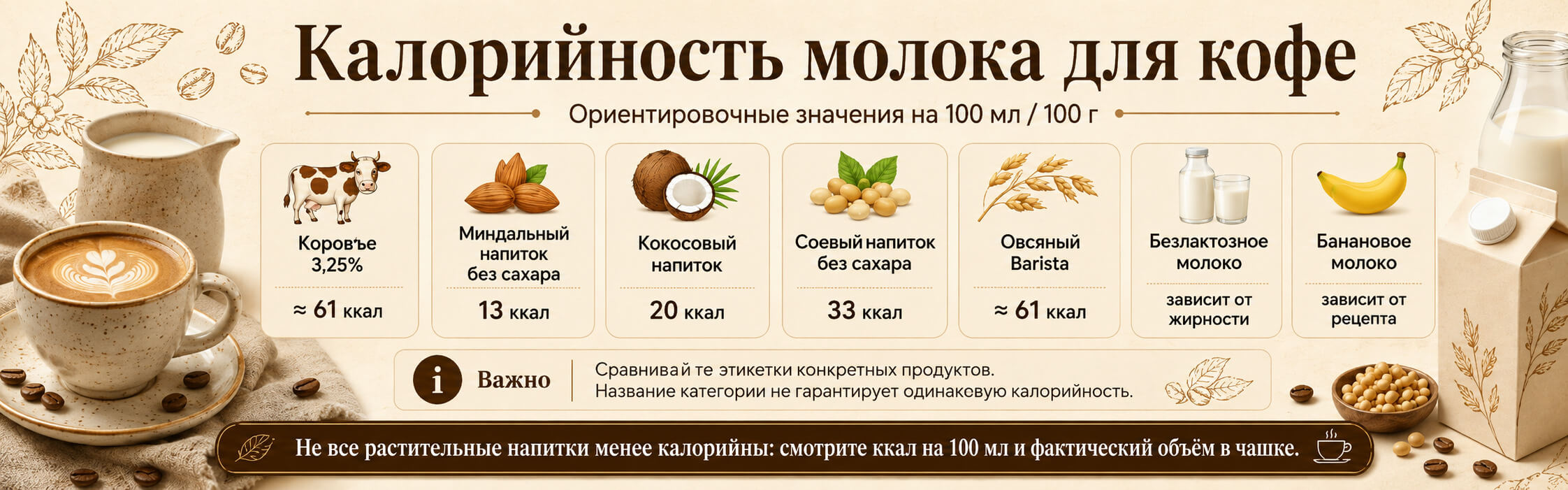 Ориентировочная калорийность разных видов молока для кофе