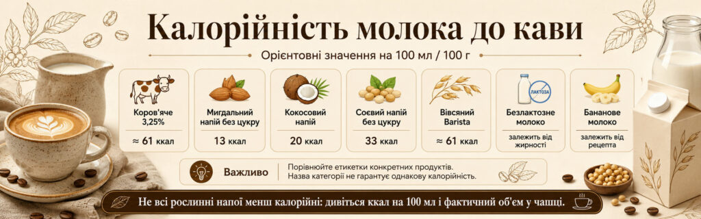 Орієнтовна калорійність різних видів молока до кави