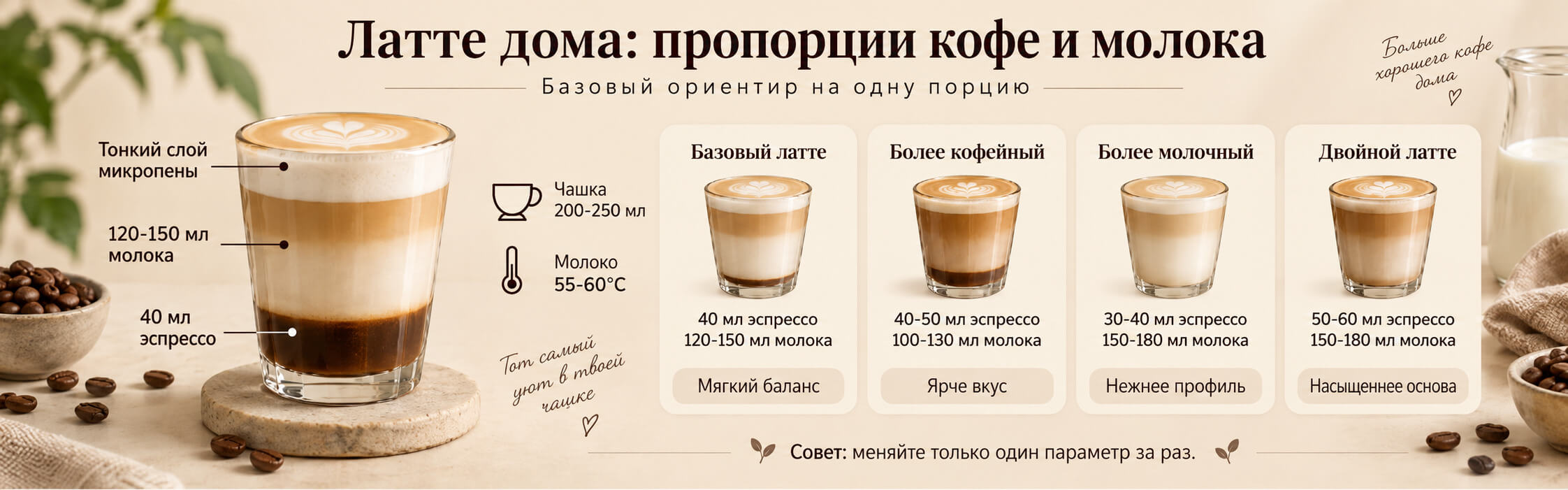 Пропорции кофе и молока для домашнего латте
